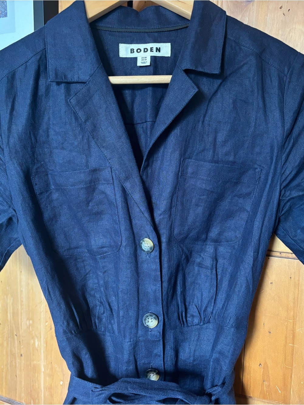 Boden Navy Button-Front Linen Dress with Waist Tie